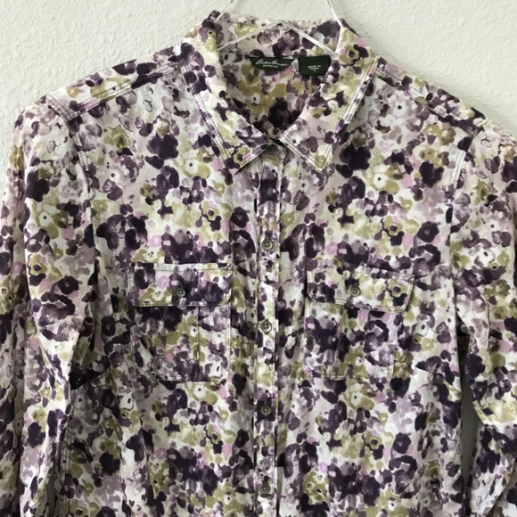 Eddie Bauer Floral 100% Cotton Button Up Long Sleeve Shirt S Roll Tab Classic - Picture 3 of 9